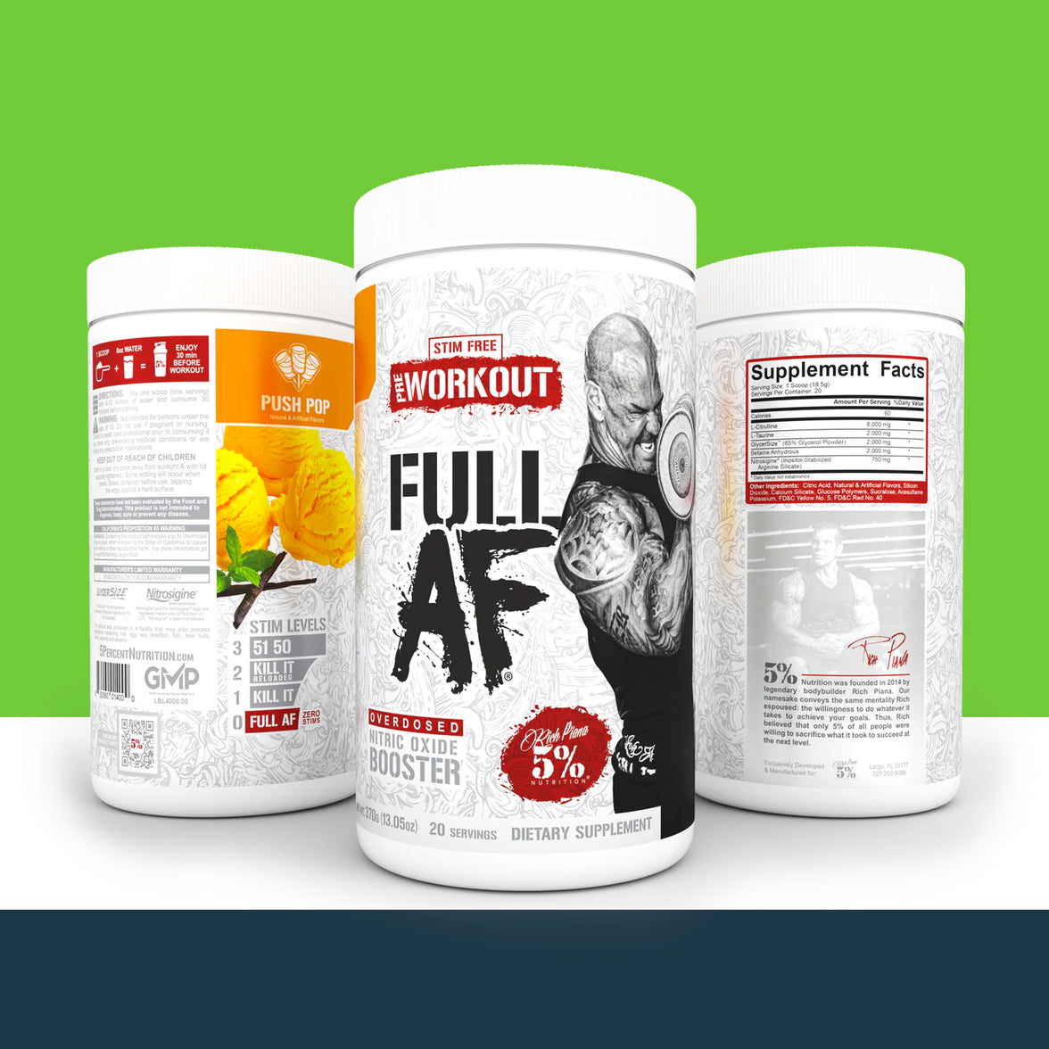 '5% Nutrition' supplement containers with 'Full AF' branding on a green background
