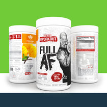 '5% Nutrition' supplement containers with 'Full AF' branding on a green background
