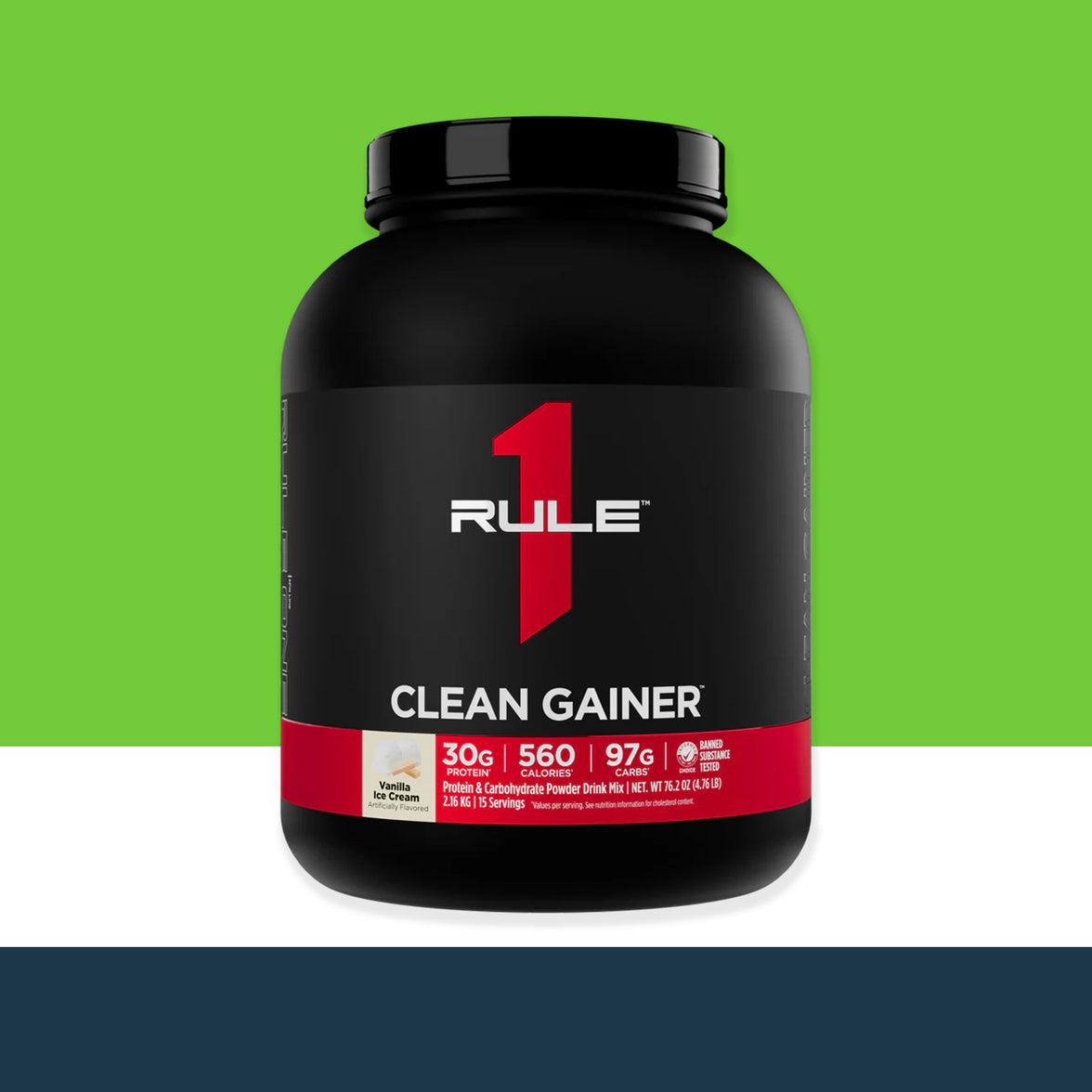 'Rule 1' 'Clean Gainer' supplement container on a green and white background