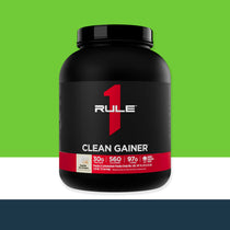 'Rule 1' 'Clean Gainer' supplement container on a green and white background