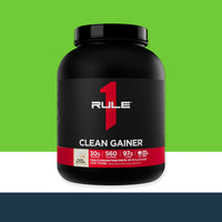 'Rule 1' 'Clean Gainer' supplement container on a green and white background