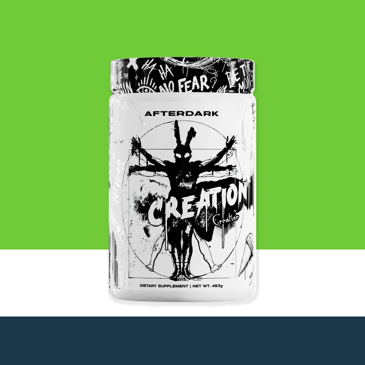 Supplement container labeled 'After Dark Creation' on a green and white striped background