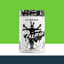 Supplement container labeled 'After Dark Creation' on a green and white striped background