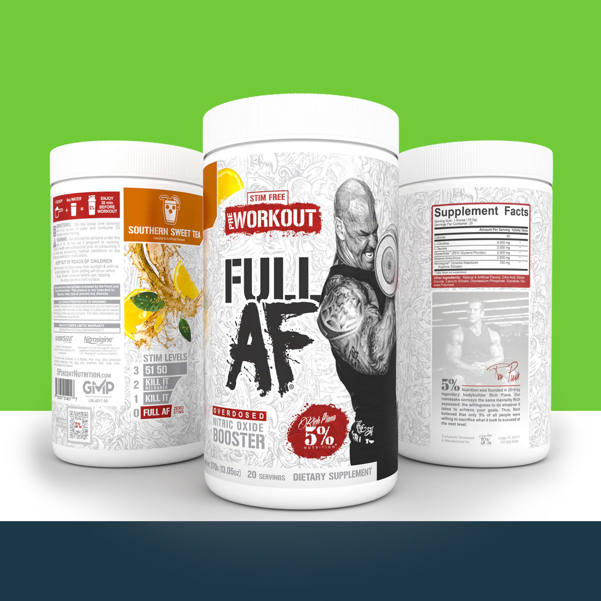 '5% Nutrition' supplement containers labeled 'Full AF' on a green background