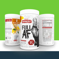 '5% Nutrition' supplement containers labeled 'Full AF' on a green background