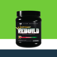 Black supplement container labeled 'Rebuild' by 'Titan Nutrition' on a green and white background