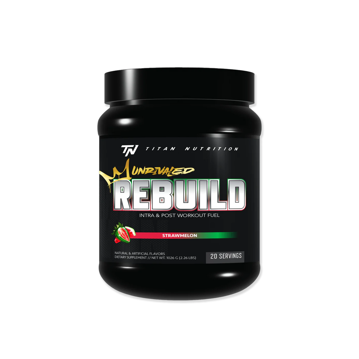 Black supplement container labeled 'Rebuild' by 'Titan Nutrition' on a white background