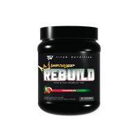 Black supplement container labeled 'Rebuild' by 'Titan Nutrition' on a white background