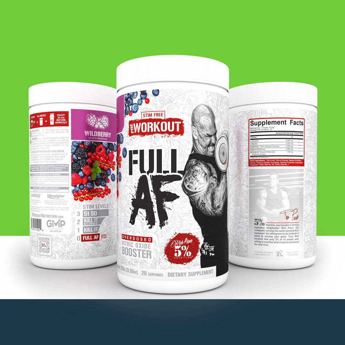 Three '5% Nutrition' supplement containers with 'Full AF' branding and text on a green background