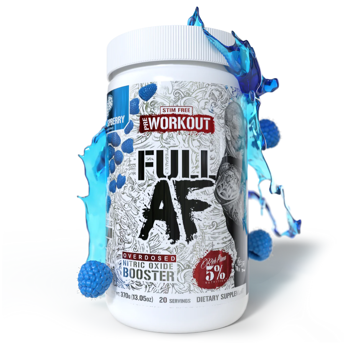 '5% Nutrition' supplement container labeled 'Full AF' with blue liquid splashes on a white background