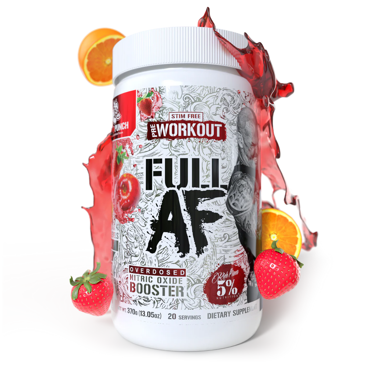 '5% Nutrition' supplement container labeled 'Full AF' with fruit graphics on a white background