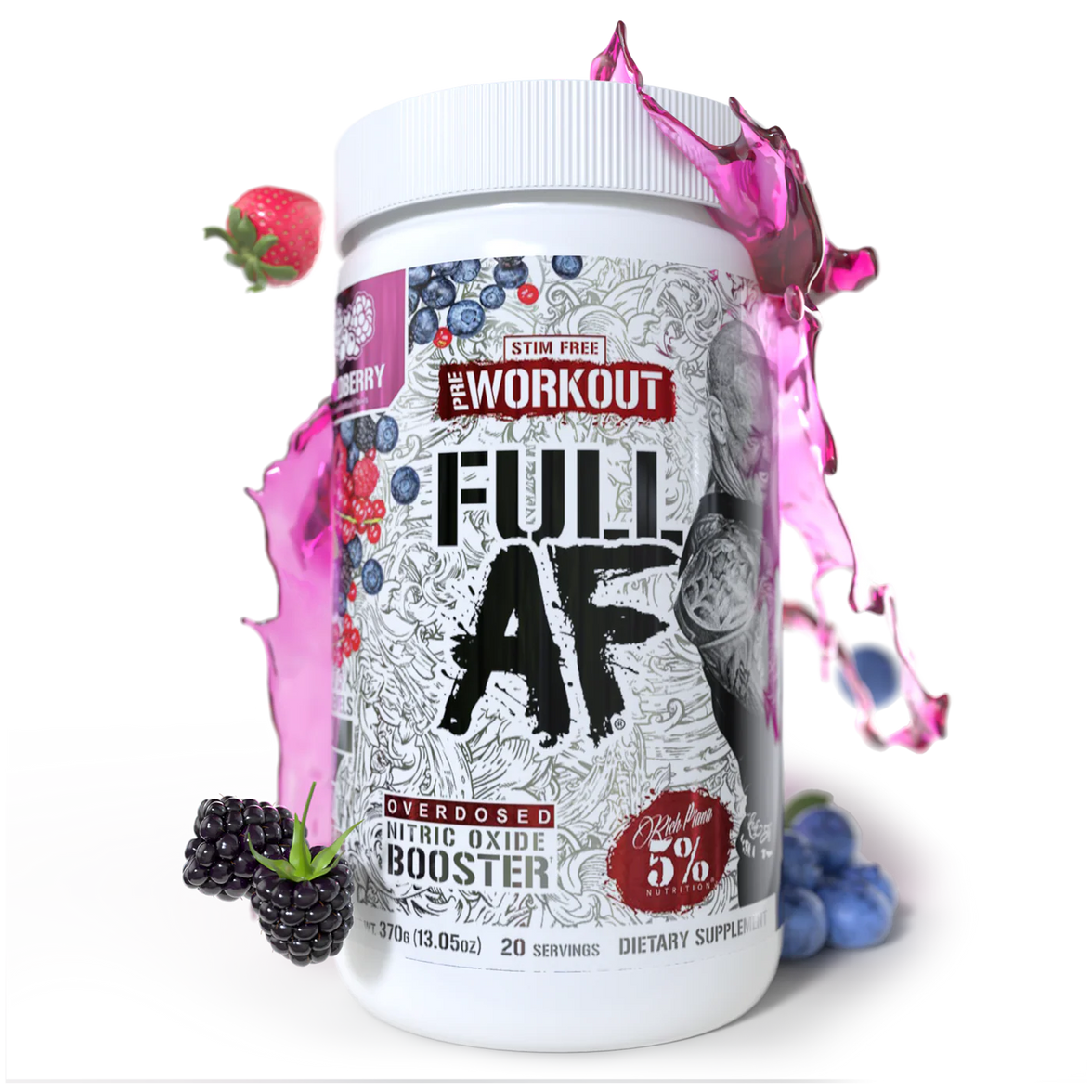 '5% Nutrition' supplement container labeled 'Full AF' with colorful design and berries on a white background