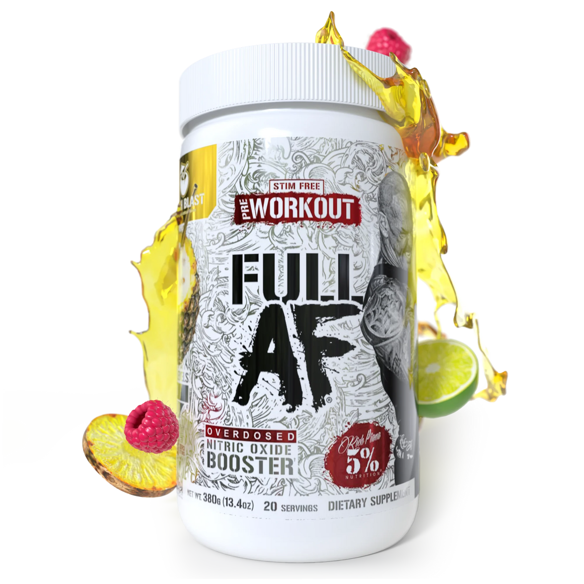 '5% Nutrition' supplement container labeled 'Full AF' with fruit graphics on a white background